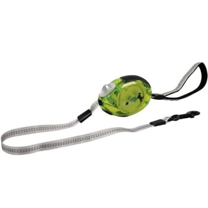 Повідець рулетка для собак до 12кг Flamingo  DogxToGo Belt Glassy, S, з кнопкою блокування та прозорим корпусом, 2м, зелений.